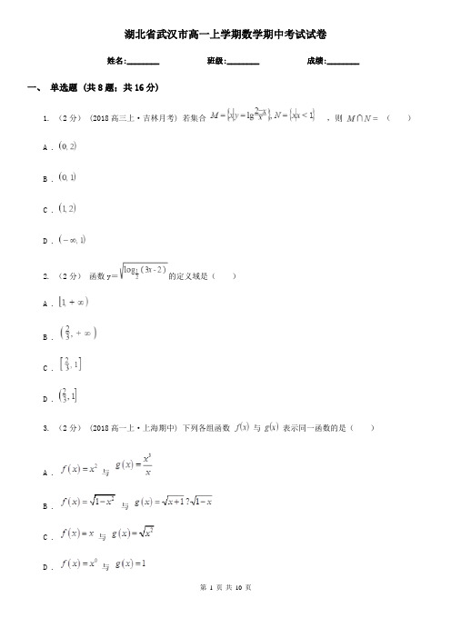 湖北省武汉市高一上学期数学期中考试试卷