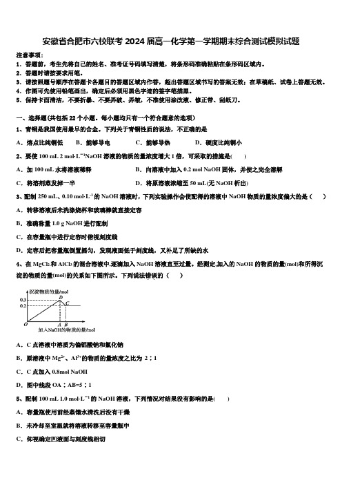 安徽省合肥市六校联考2024届高一化学第一学期期末综合测试模拟试题含解析