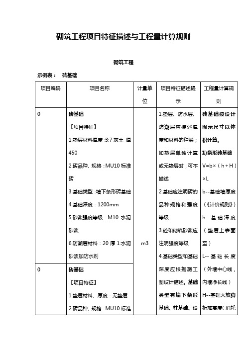 《砌筑工程项目特征描述与工程量计算规则》