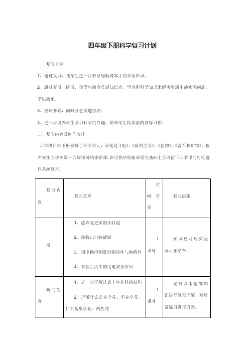 四年级下册科学复习计划