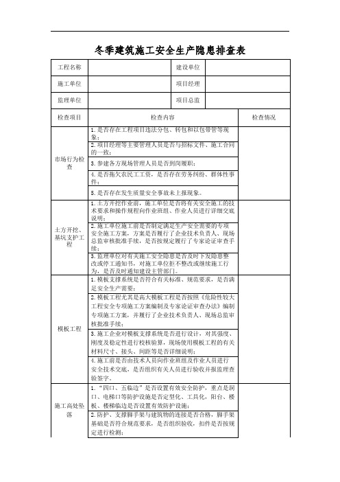 冬季建筑施工安全生产隐患排查表