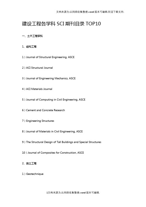 土木工程各学科SCI期刊目录TOP10