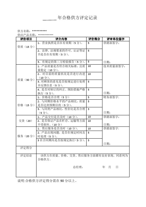 合格供方评定记录样本