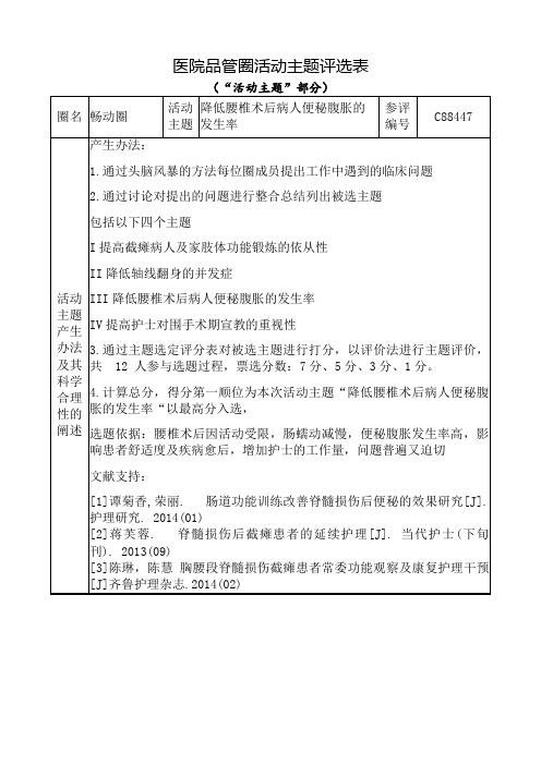 医院品管圈降低腰椎术后病人便秘腹胀的发生率活动主题评选表