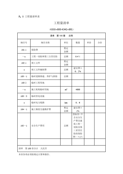 公路工程量清单范本