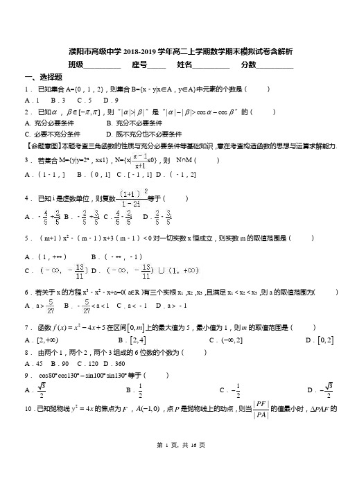 濮阳市高级中学2018-2019学年高二上学期数学期末模拟试卷含解析