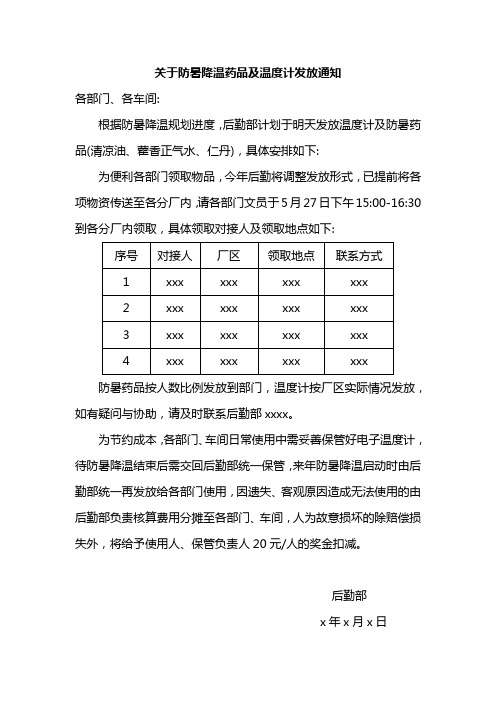 关于防暑降温药品及温度计发放的通知范文