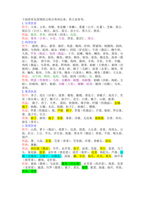 食物的五味属性分类(温热平凉寒)