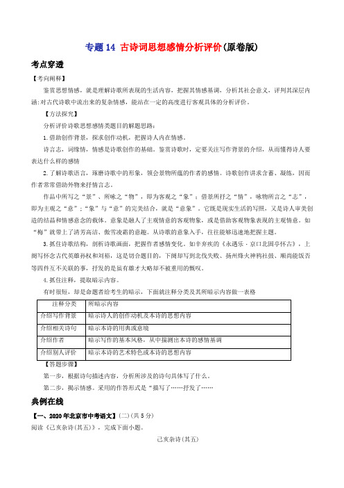 专题14 古诗词思想感情分析评价-2021年中考语文考前抓大分技法之古诗词鉴赏(学生版)