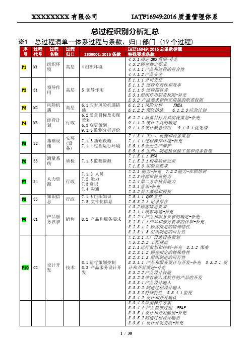 IATF16949质量管理体系总过程识别分析汇总表(19个过程)