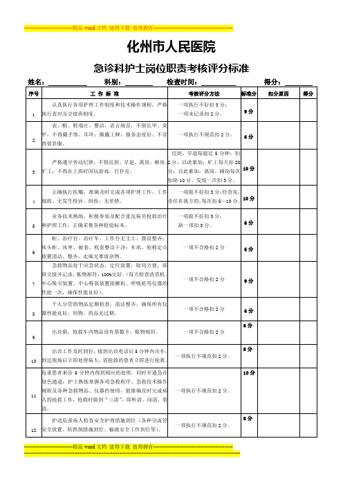 急诊科护士岗位职责考核评分标准