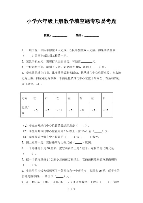 小学六年级上册数学填空题专项易考题