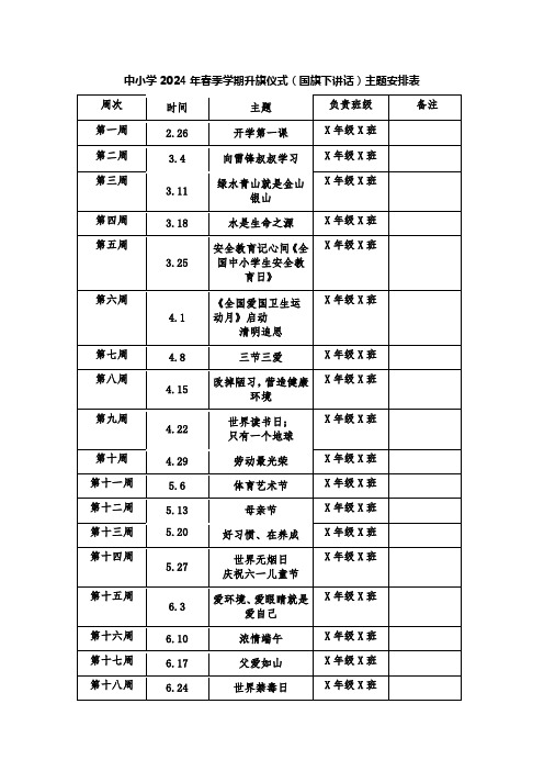 中小学2024年春季学期升旗仪式(国旗下讲话)主题安排表