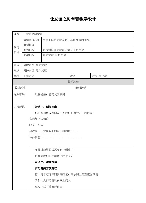 部编《道德与法治》七年级上册：5.1 让友谊之树常青 教案