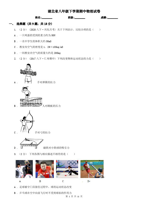 湖北省八年级下学期期中物理试卷