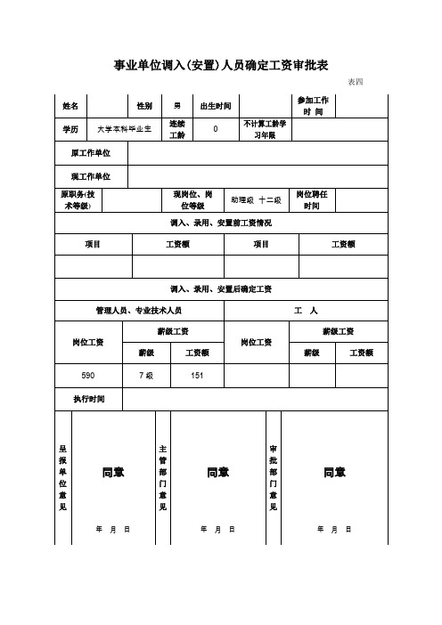 事业单位调入(安置)人员确定工资审批表