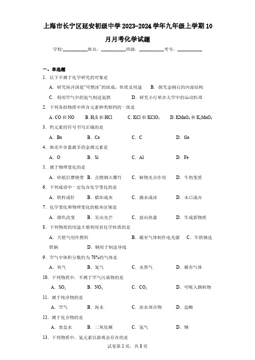 上海市长宁区延安初级中学2023-2024学年九年级上学期10月月考化学试题