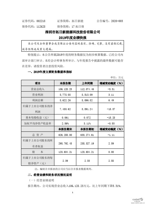 拓日新能：2019年度业绩快报