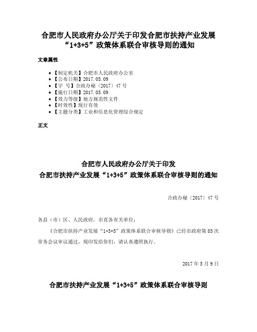 合肥市人民政府办公厅关于印发合肥市扶持产业发展“1+3+5”政策体系联合审核导则的通知