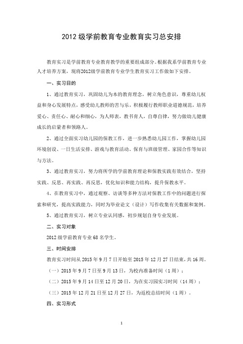 2012级学前教育专业教育实习总安排