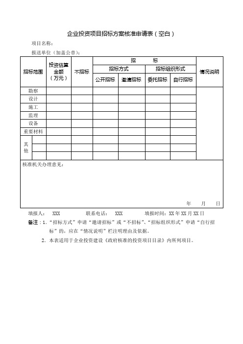 企业投资项目招标方案核准申请表(空白)