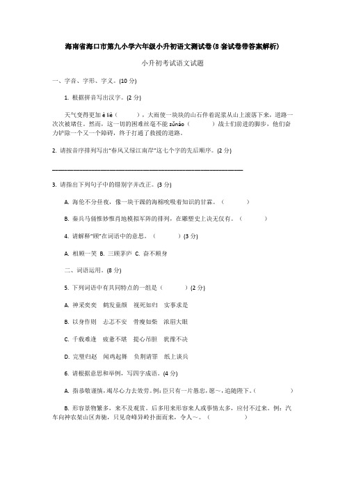 海南省海口市第九小学六年级小升初语文测试卷(8套试卷带答案解析)