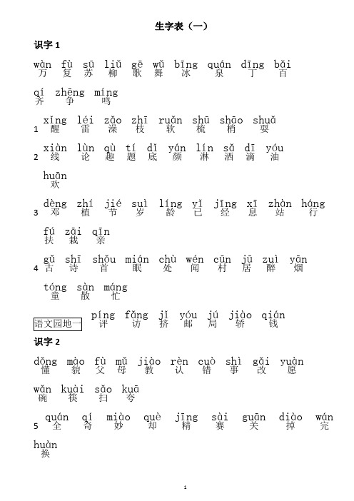 一年级下学期生字表