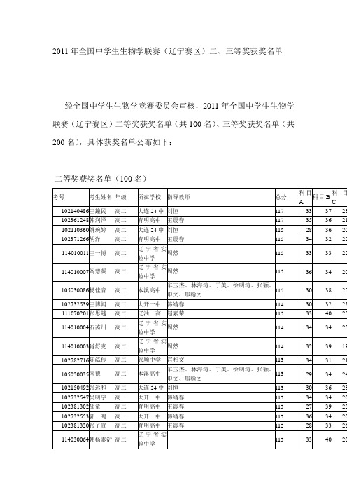 2011年全国中学生生物学联赛