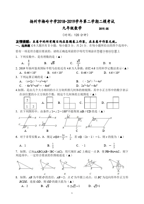 扬州市梅岭中学2018-2019学年第二学期九年级二模考试数学试卷(含答案)