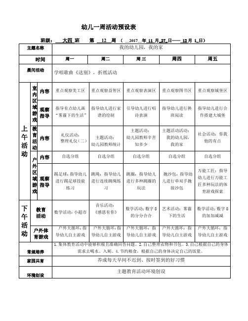 幼儿园大班第一学期周计划安排表第12周教育计划