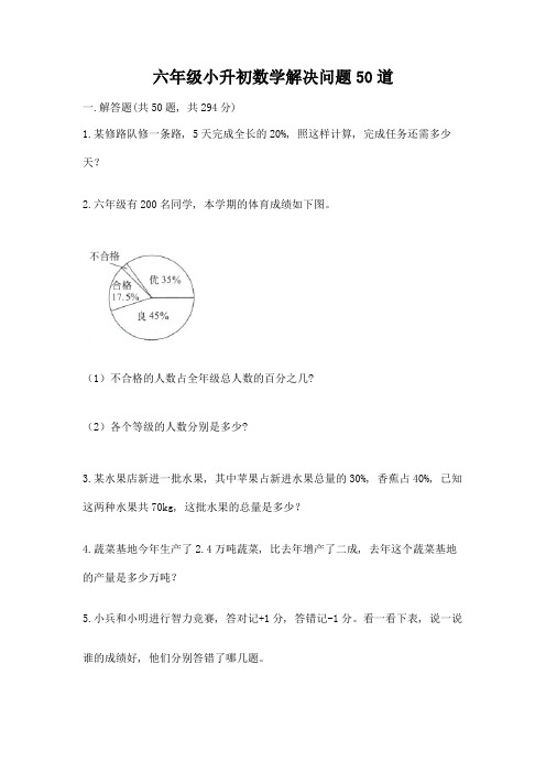 六年级小升初数学解决问题50道精品(夺冠系列)