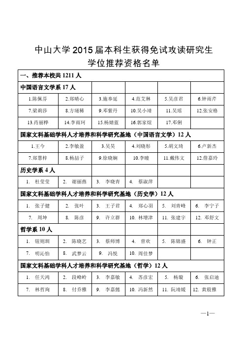 中山大学2015届本科生获得免试攻读研究生学位推荐资格名单