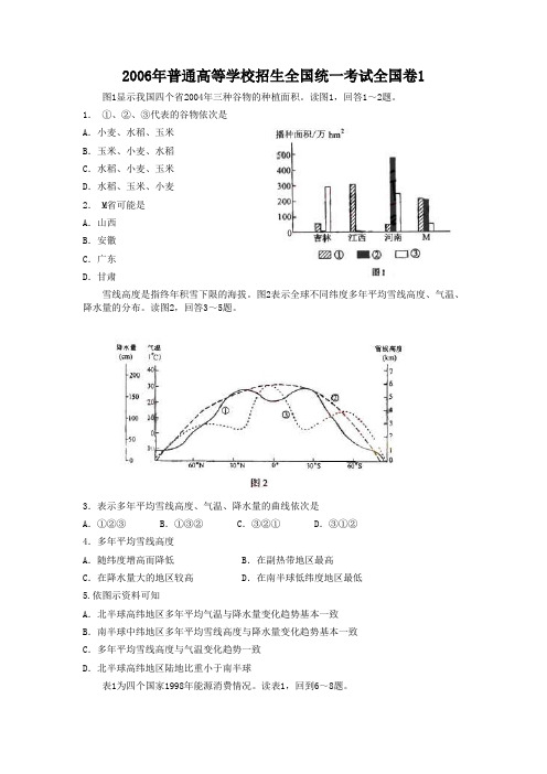 2006年高考文科综合试题及答案(全国卷1)