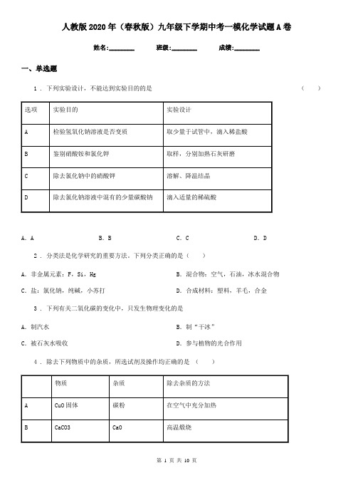 人教版2020年(春秋版)九年级下学期中考一模化学试题A卷新版