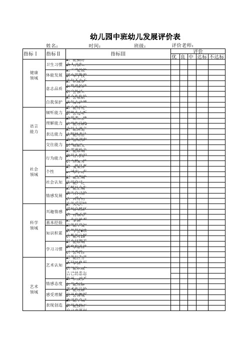 中班幼儿发展评价表(1)