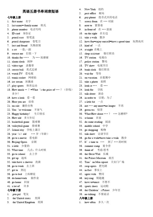 (新目标)英语五册书单词表短语