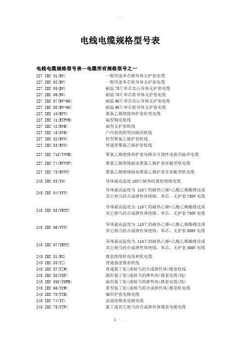 电线电缆规格型号(全部)