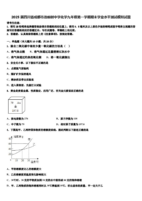 2025届四川省成都市泡桐树中学化学九年级第一学期期末学业水平测试模拟试题含解析