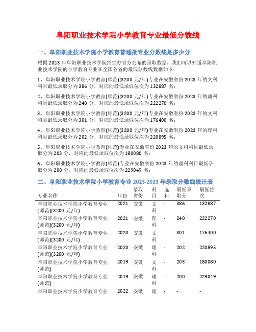 阜阳职业技术学院小学教育专业最低分数线