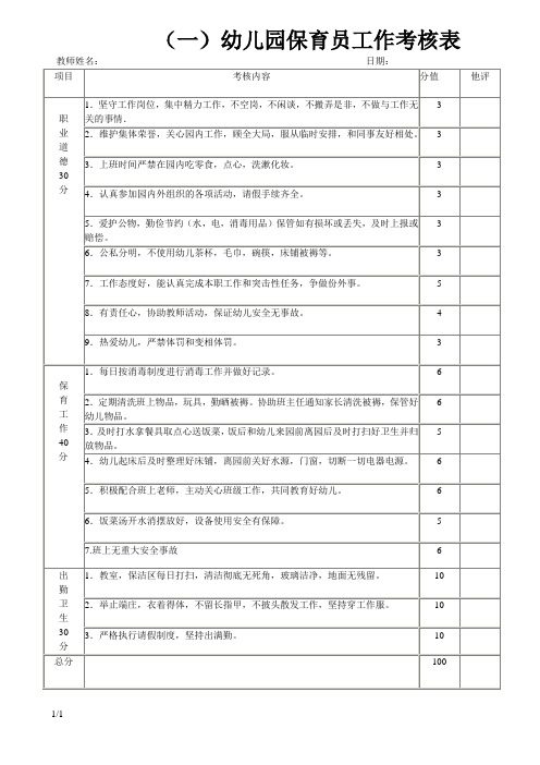 幼儿园保育员考核表