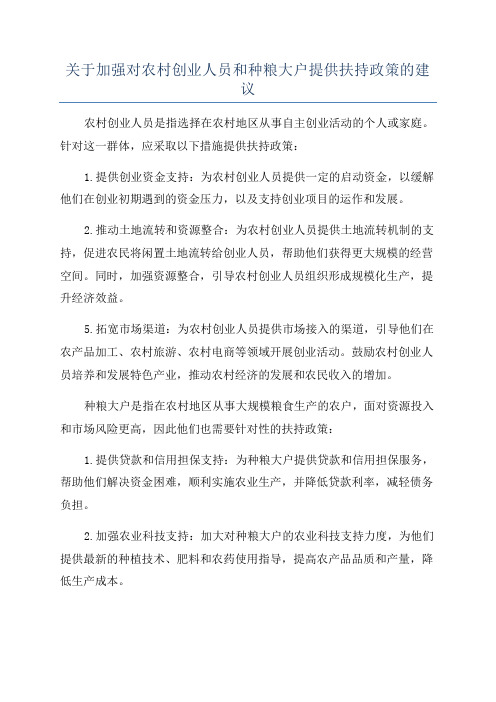 关于加强对农村创业人员和种粮大户提供扶持政策的建议