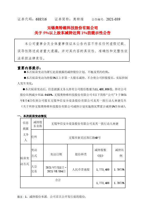 688516无锡奥特维科技股份有限公司关于5%以上股东减持达到1%的提示性公告20……