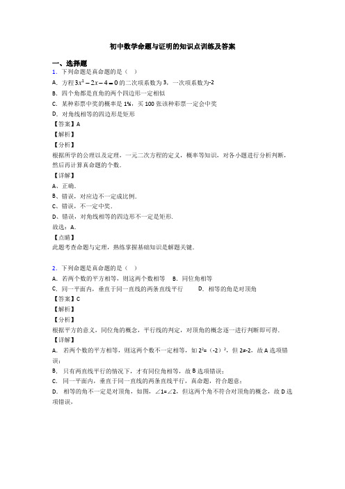 初中数学命题与证明的知识点训练及答案