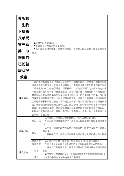 苏版初二生物下册第八单元第三章第一节评价自己的健康状况教案