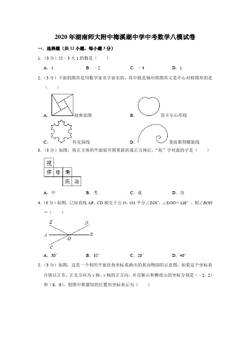 湖南师大附中梅溪湖中学2020年中考数学八模试卷  解析版