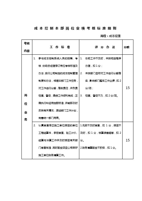 成本部考核标准