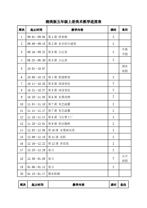 湘美版五年级上册美术教学进度表