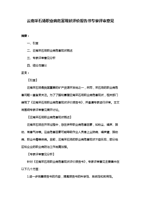 云南采石场职业病危害现状评价报告书专家评审意见