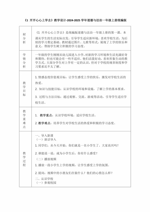 《1开开心心上学去》教学设计2024-2025学年道德与法治一年级上册统编版(表格表)