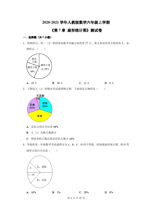 2020-2021学年人教版数学六年级上学期《第7章 扇形统计图》测试卷及答案解析